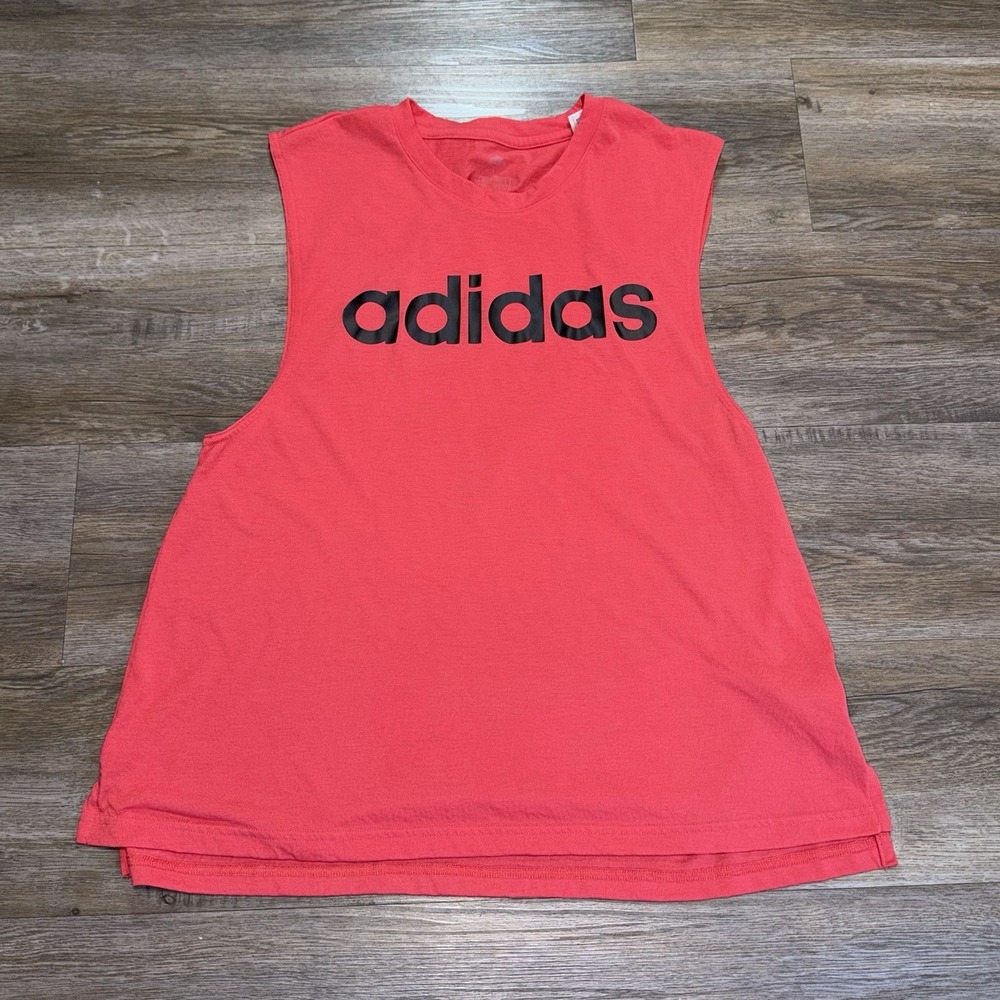 Adidas Bright Red Sleeveless Muscle Tank Top Womens Large "Adidas" Spell-Out